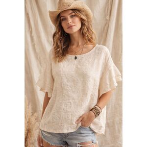 Valentina Naldi Linen Embroidered Blouse S Cream Made in Italy Flutter Sleeve
